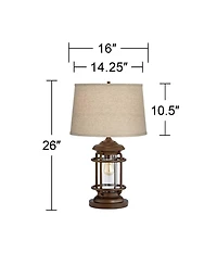 Franklin Iron Works Andreas Industrial Table Lamp 26" High Brown Metal with Nightlight Led and Usb Charging Port Oatmeal Shade for Living Room De