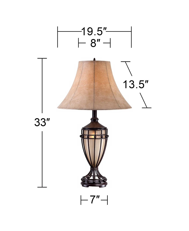 Franklin Iron Works Cardiff Rustic Table Lamp 33" Tall Brushed Iron with Nightlight Beige Fabric Shade for Bedroom Living Room Bedside Nightstand