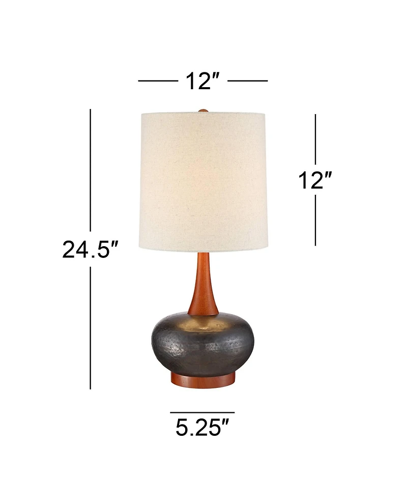 360 Lighting Andi Mid Century Modern Table Lamp 24.5" High Hammered Bronze Ceramic Wood Off White Tall Drum Shade for Living Room Bedroom House Bedsid