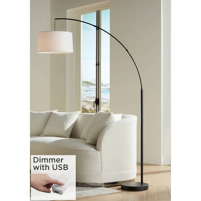 360 Lighting Modern Arc Floor Lamp with Usb Charging Port 72" Tall Black White Linen Drum Shade for Living Room Reading House Home