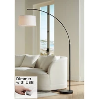 360 Lighting Modern Arc Floor Lamp with Usb Charging Port 72" Tall Black White Linen Drum Shade for Living Room Reading House Home