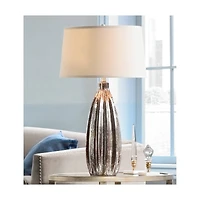 360 Lighting Stella Modern Table Lamp 30" Tall Fluted Mercury Ribbed Glass Taupe Drum Shade for Bedroom Living Room Bedside Nightstand Office Kid