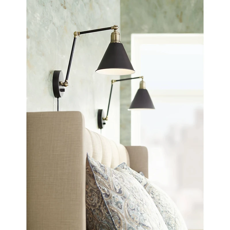 360 Lighting Wray Modern Wall Lamp Set of 2 Black Brass Plug-in 6" Light Fixture Up Down Adjustable Cone Shade for Bedroom Reading Living Room Ha