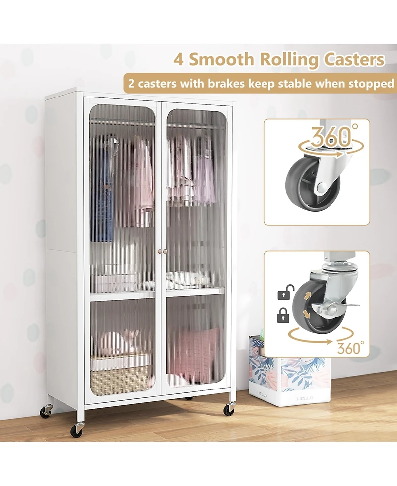 Storage Wardrobe Cabinet Mobile Armoire Closet with Hanging Rod & Adjustable Shelf
