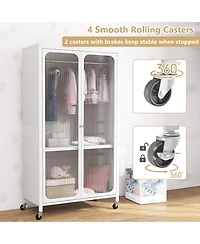 Storage Wardrobe Cabinet Mobile Armoire Closet with Hanging Rod & Adjustable Shelf