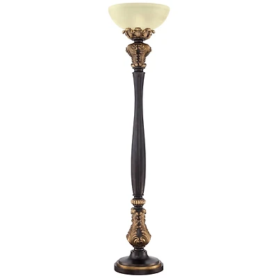 Barnes and Ivy Rita Vintage Rustic Torchiere Floor Lamp 75" Tall Acanthus Leaf Carved Wood Frosted Glass Shade for Living Room Bedroom Office Hou