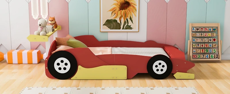 Streamdale Full Size Race Car-Shaped Platform Bed With Wheels, Blue