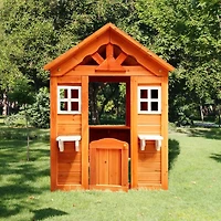 All Wooden Kids Playhouse With 2 Windows And Flower Pot Holder, 42"L x 46"W x 55" H