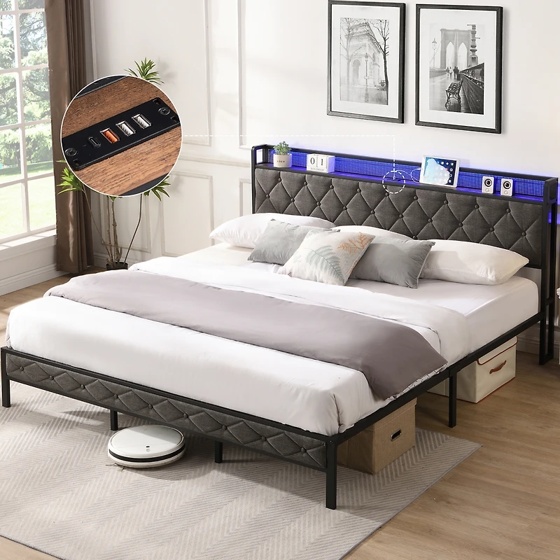 Streamdale Upholstered King Bed with Storage, Charging Station, and Led Lights
