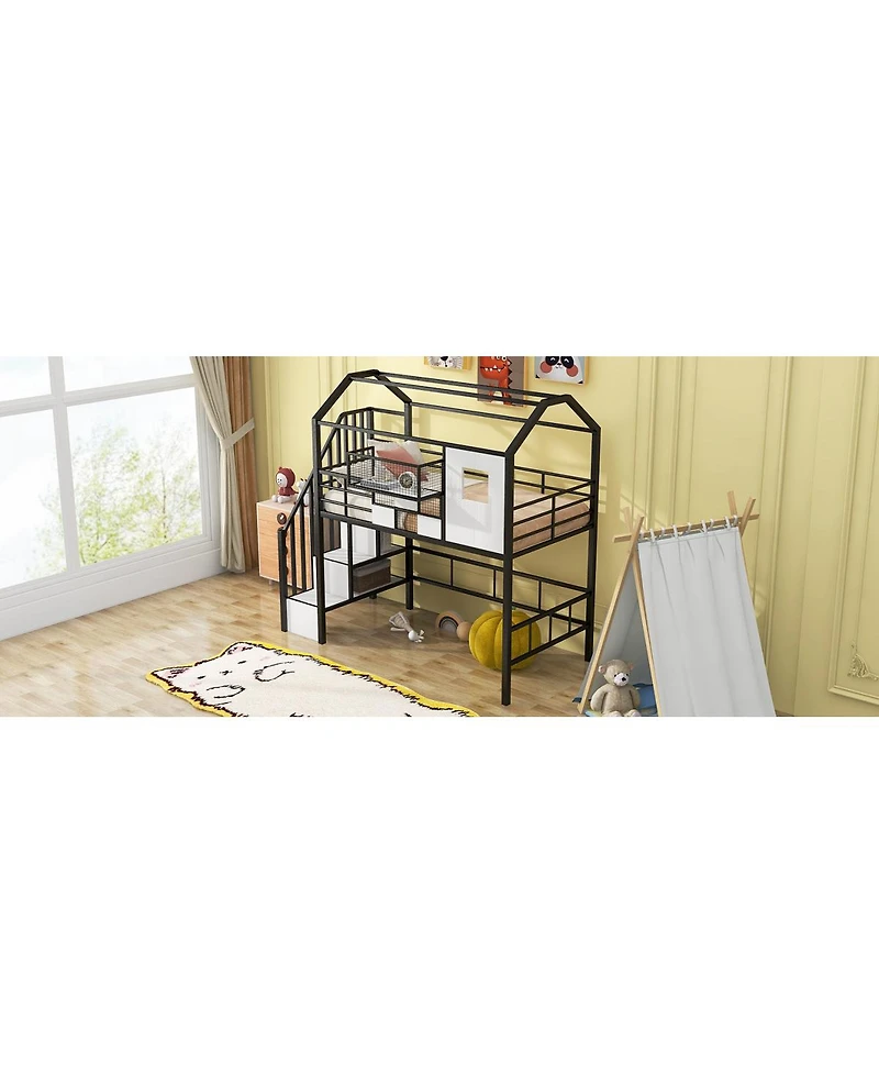 Simplie Fun Metal Loft Bed With Roof Design And A Storage Box, Twin, Pink