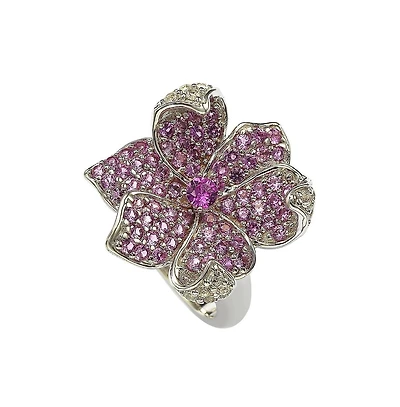 Suzy Levian Sterling Silver Sapphire & Created White Flower Petal Ring
