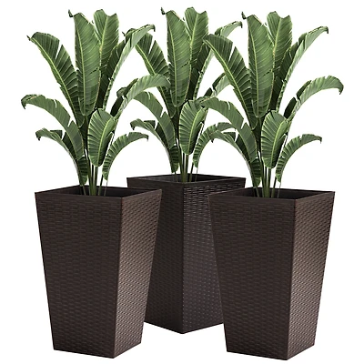 Stylish Rattan-Like Set of 3 Self-Draining Planter Pots (14x14x24