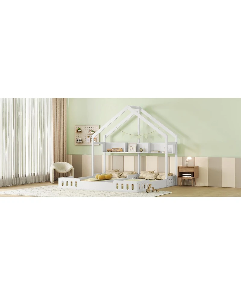Simplie Fun Wood Twin Size House Platform Beds, Two Shared Beds With Shelves And Guardraily White
