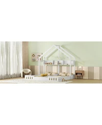 Simplie Fun Wood Twin Size House Platform Beds, Two Shared Beds With Shelves And Guardraily White