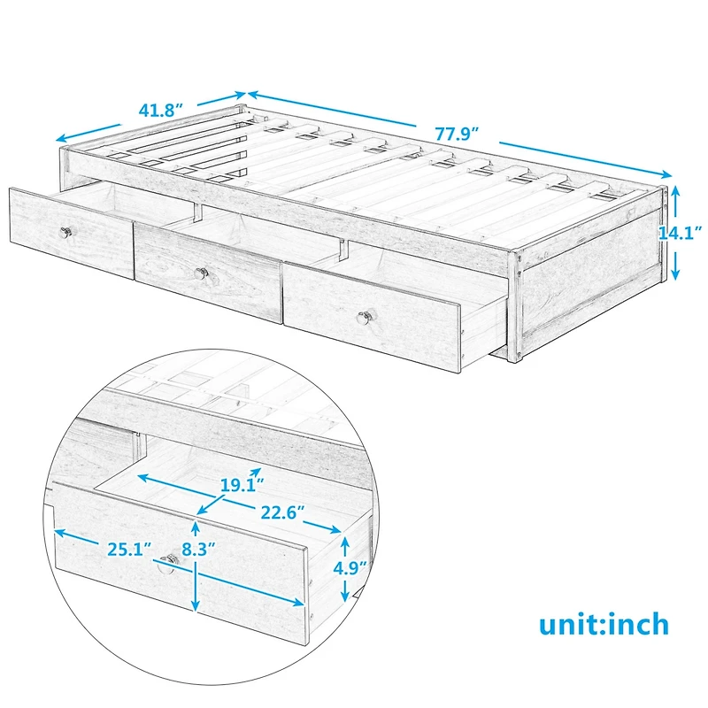 Streamdale Twin Size Platform Storage Bed With 3 Drawers