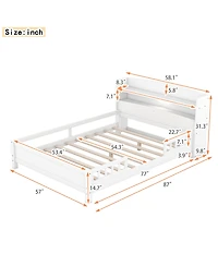 Simplie Fun Wood Full Size Platform Bed With Built-In Led Light, Storage Headboard And Guardrail, White