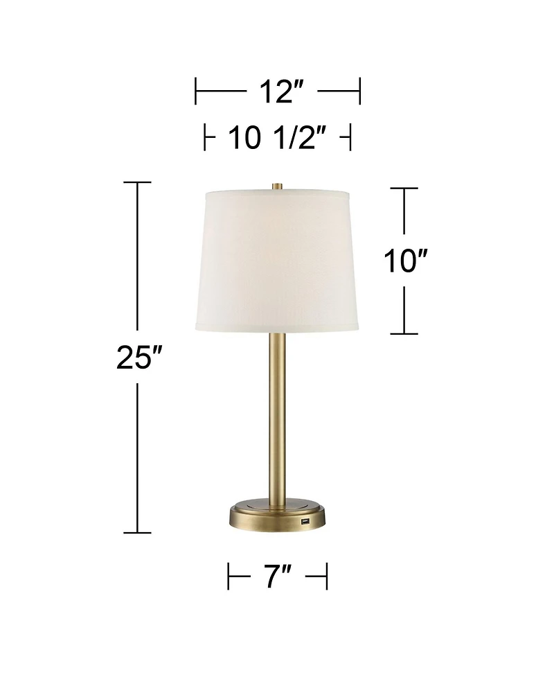 360 Lighting Camile Modern Table Lamps 25" High Set of 2 Brass Metal with Usb Charging Port Oatmeal Drum Shade for Bedroom Living Room Bedside De