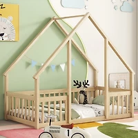 Simplie Fun Twin Wood House-Shaped Floor Bed with Fence, Guardrails, Natural