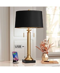 Possini Euro Design Wynne Traditional Table Lamp 30" Tall Warm Gold with Usb Charging Port Black Drum Shade for Bedroom Living Room Bedside Night