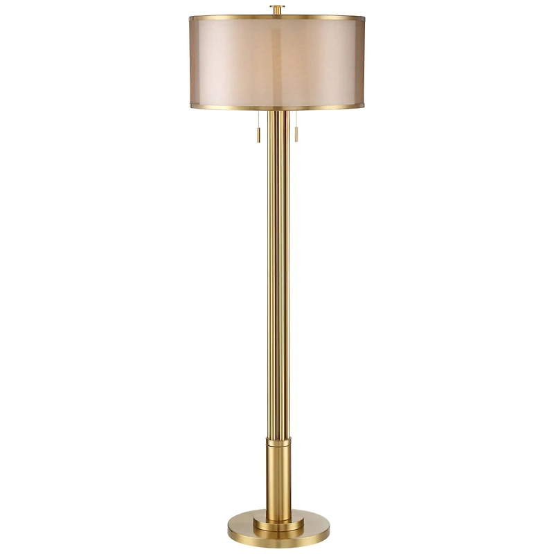 Possini Euro Design Granview Modern Floor Lamp 70 1/2" Tall Brass Metal Sheer Organza Outer Linen Inner Drum Shade for Living Room Bedroom Office