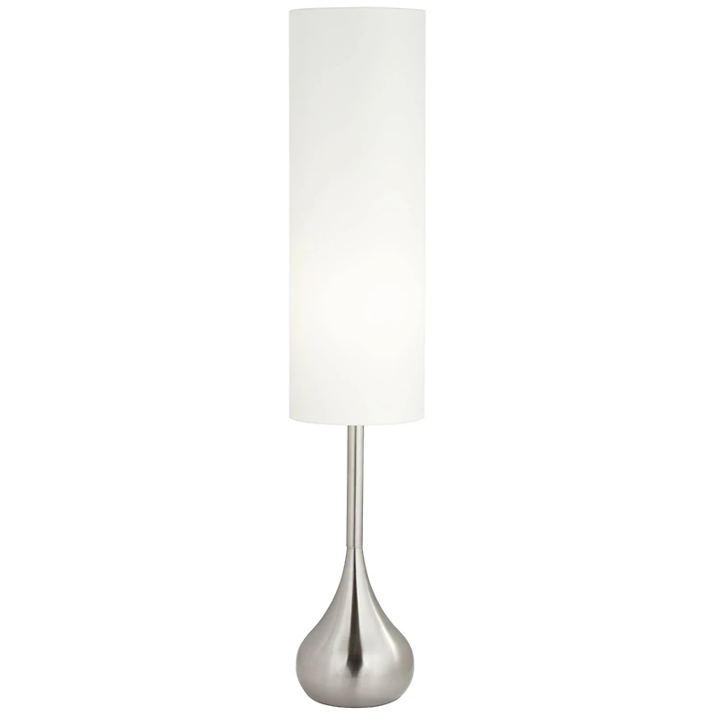 Possini Euro Design Mid Century Modern Floor Lamp 62" Tall Brushed Steel Droplet Cotton Cylinder Shade for Living Room Bedroom Office