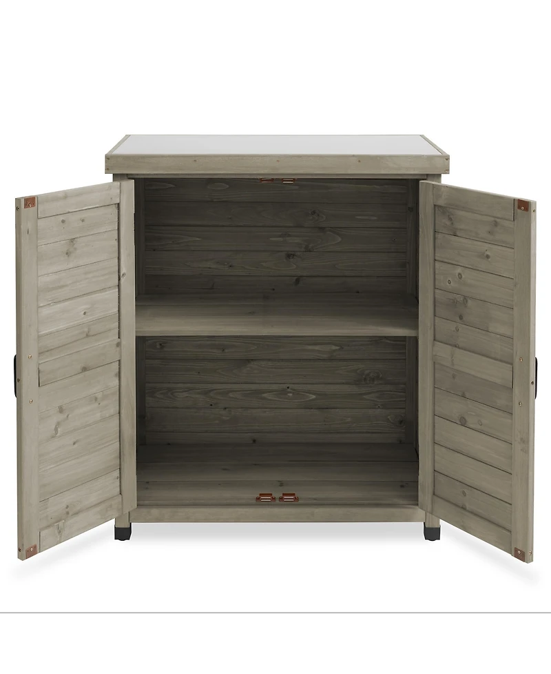 Outdoor Storage Cabinet and Potting Bench with Metal Tabletop - Wooden Garden Patio Workstation Table, Natural
