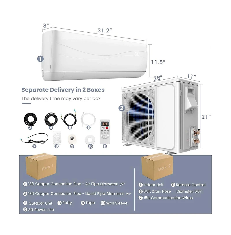 9000 Btu 17 SEER2 208-230V Ductless Mini Split Air Conditioner and Heater