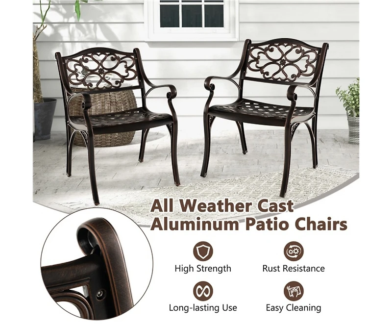 Cast Aluminum Dining Chairs Set of 2 with Patio Chairs Armrests Flower Pattern