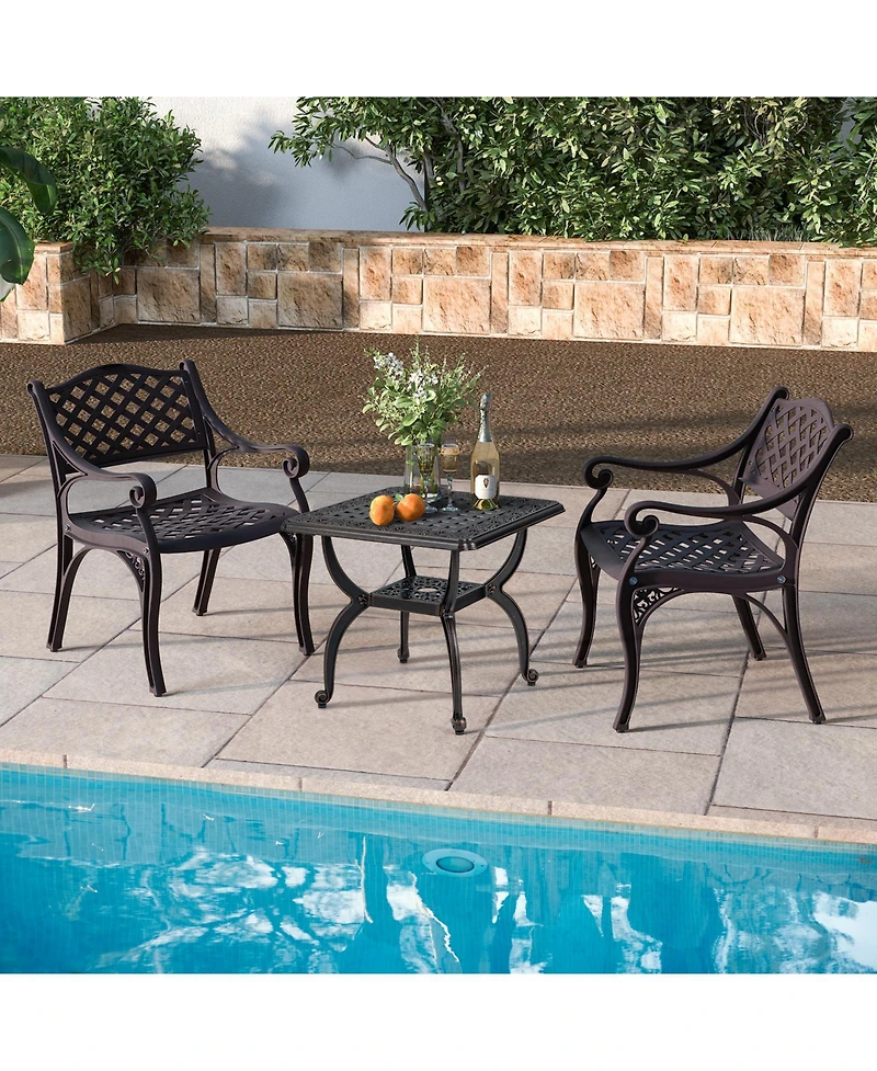 Slickblue Cast Aluminum Outdoor Side Table with Storage Shelf for Garden Porch Balcony-Rustic Brown