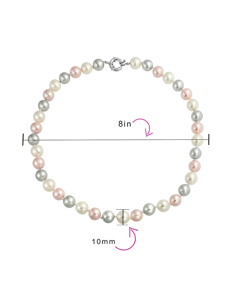 Bling Jewelry Classic Smooth 10MM Pale Pink White Grey Tri Multi Color Hand Knotted Simulated Pearl Strand Necklace 18 Inches