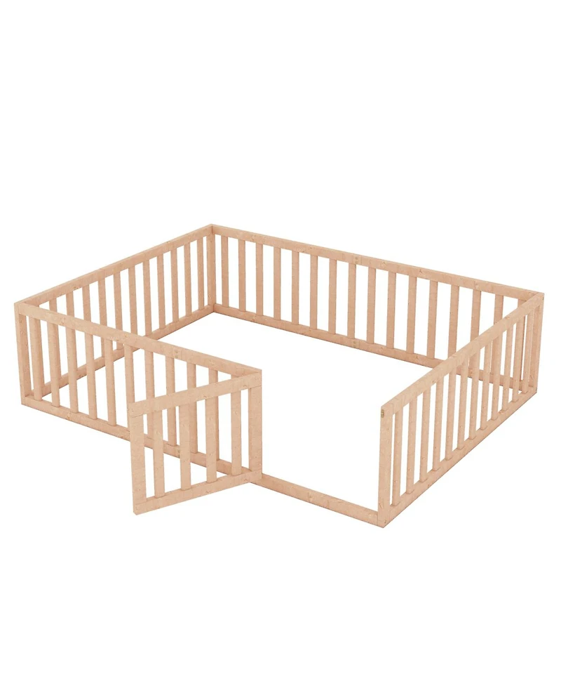 Simplie Fun Queen Size Wood Floor Bed Frame With Fence And Door