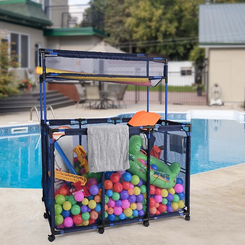 Yescom Metal Frame 10 Wheels Rolling Mesh Pool Storage Bin Xx-Large Double Decker with Noodle Holder Pool Float Storage Organizer, Upgrade Sturdy Conn