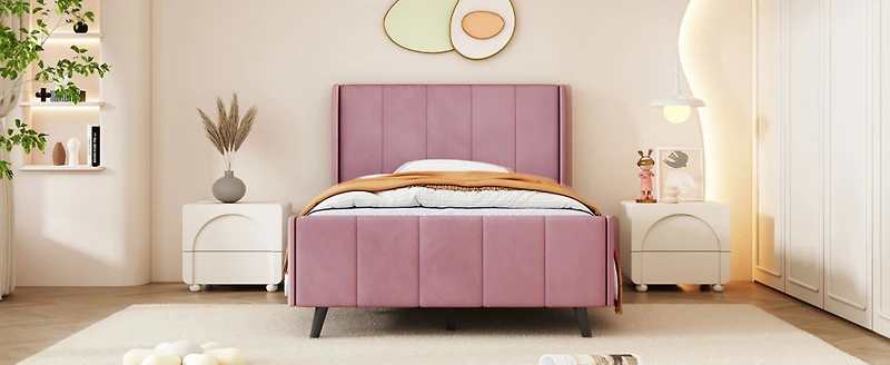 Streamdale Twin Size Upholstered Platform Bed, Velvet, Pink