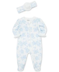 Little Me Baby Girls Cotton Blue Roses Footie & Headband Set