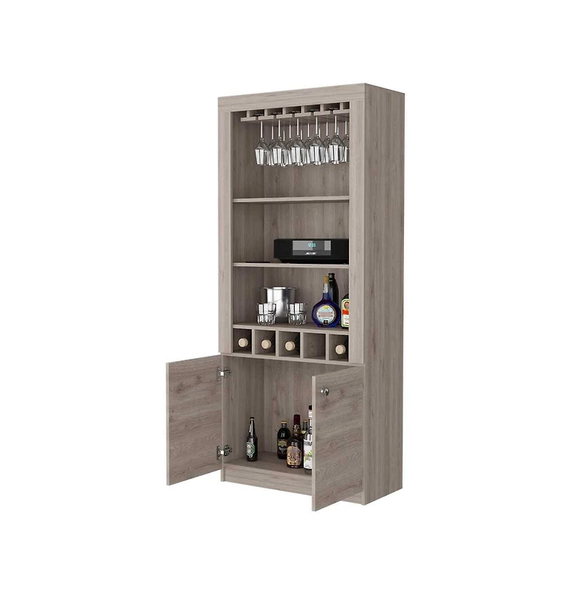 Fm Furniture New York Bar Cabinet, Five Bottle Cubbies, Three Open Shelves