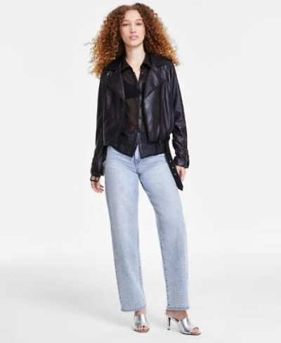 Dkny Jeans Womens Faux Leather Moto Jacket Faux Leather Trim Sheer Shirt High Rise Embellished Wide Leg Jeans