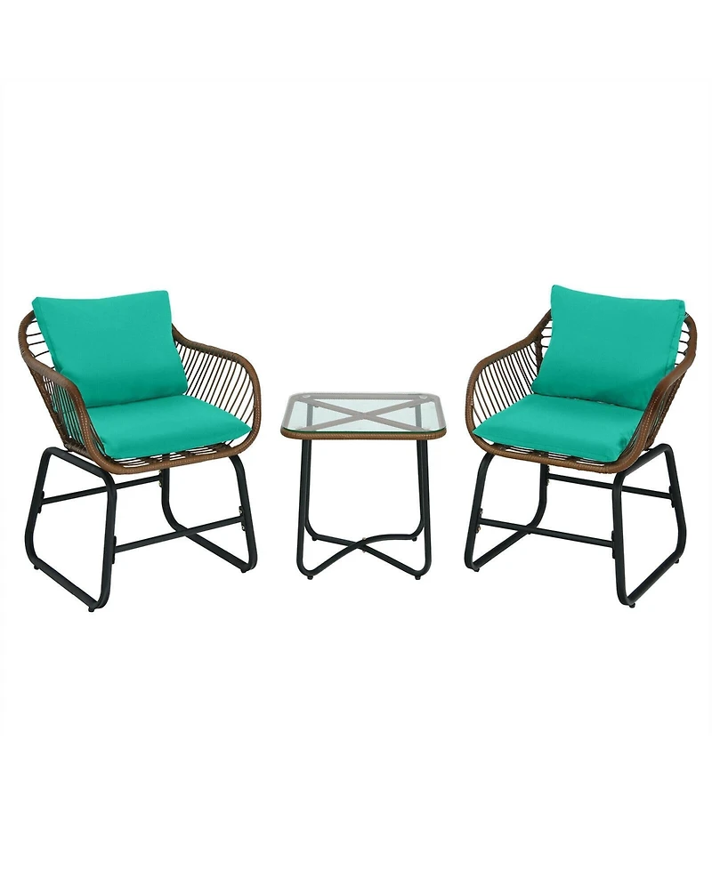 Slickblue 3 Pieces Patio Rattan Bistro Set Cushioned Chair Glass Table Deck