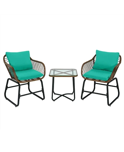 Slickblue 3 Pieces Patio Rattan Bistro Set Cushioned Chair Glass Table Deck