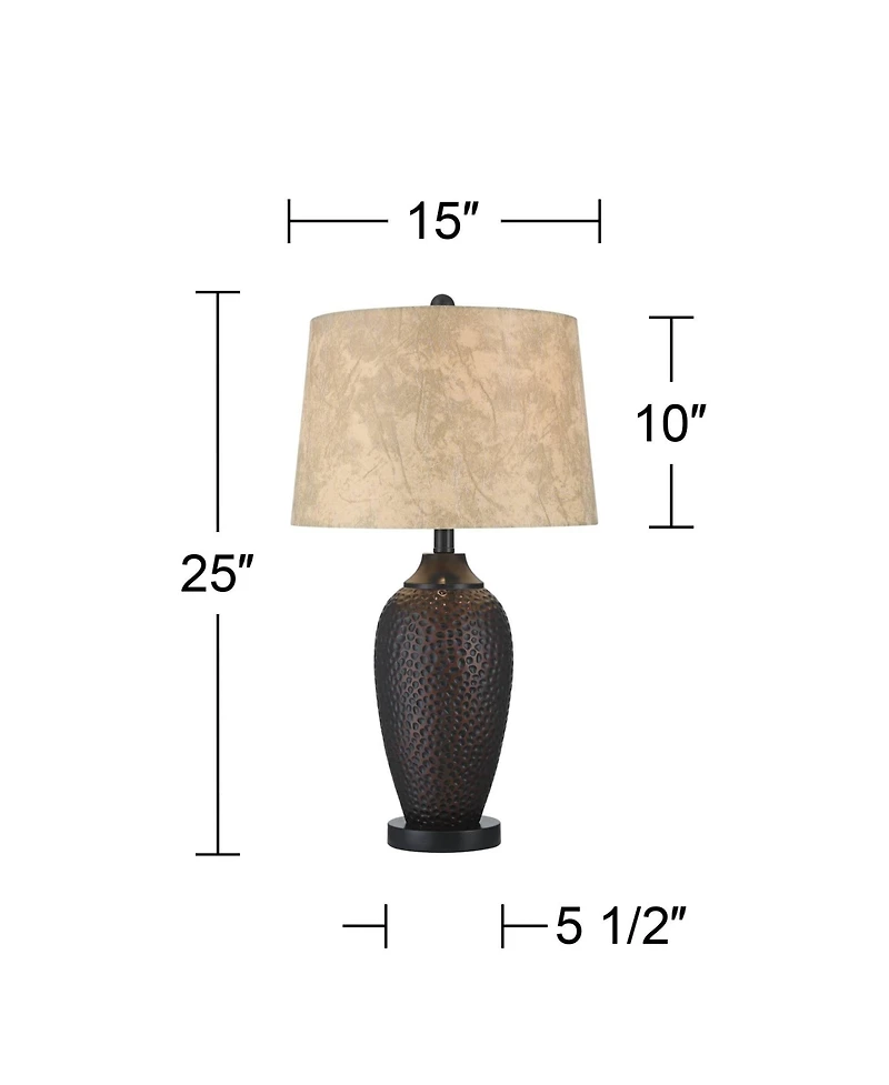 Franklin Iron Works Kaly Rustic Industrial Table Lamps 25" High Set of 2 Hammered Oiled Bronze with Usb Charging Port Faux Leather Drum Shade for