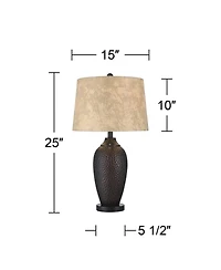 Franklin Iron Works Kaly Rustic Industrial Table Lamps 25" High Set of 2 Hammered Oiled Bronze with Usb Charging Port Faux Leather Drum Shade for