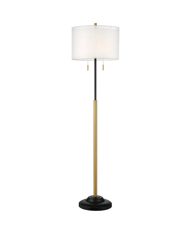 Possini Euro Design Roxie Modern Floor Lamp Standing 65 1/2" Tall Brass Black Metal Sheer Linen Double Drum Shade for Living Room Bedroom Office