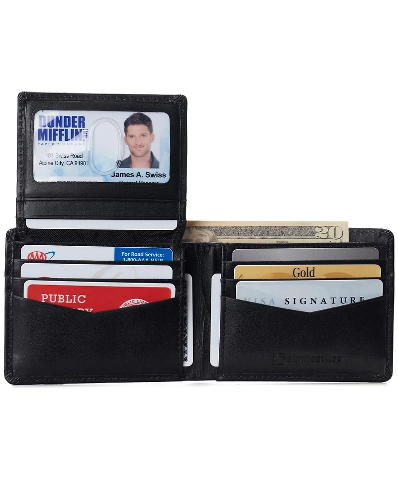 Alpine Swiss Mens Genuine Leather Rfid Safe Bifold Wallet Passcase 2 Id Windows