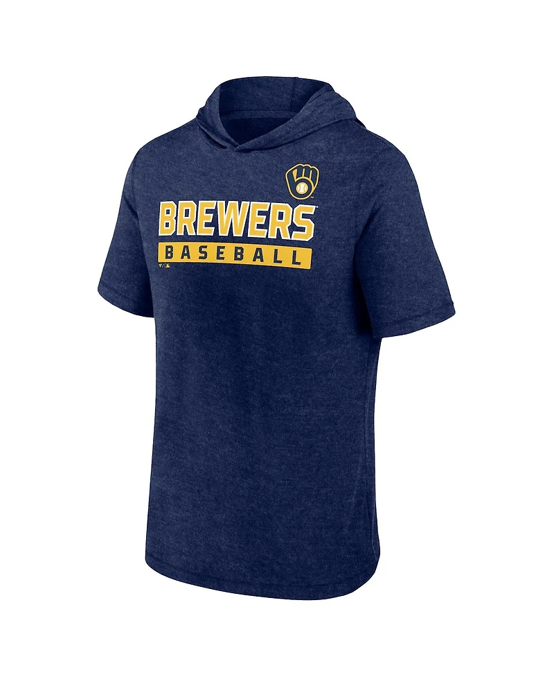 Fanatics Men's Heather Navy Milwaukee Brewers Push Short Sleeve Pullover Hoodie