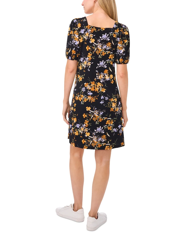 CeCe Women's Floral Puff-Sleeve Square-Neck Knit Dress
