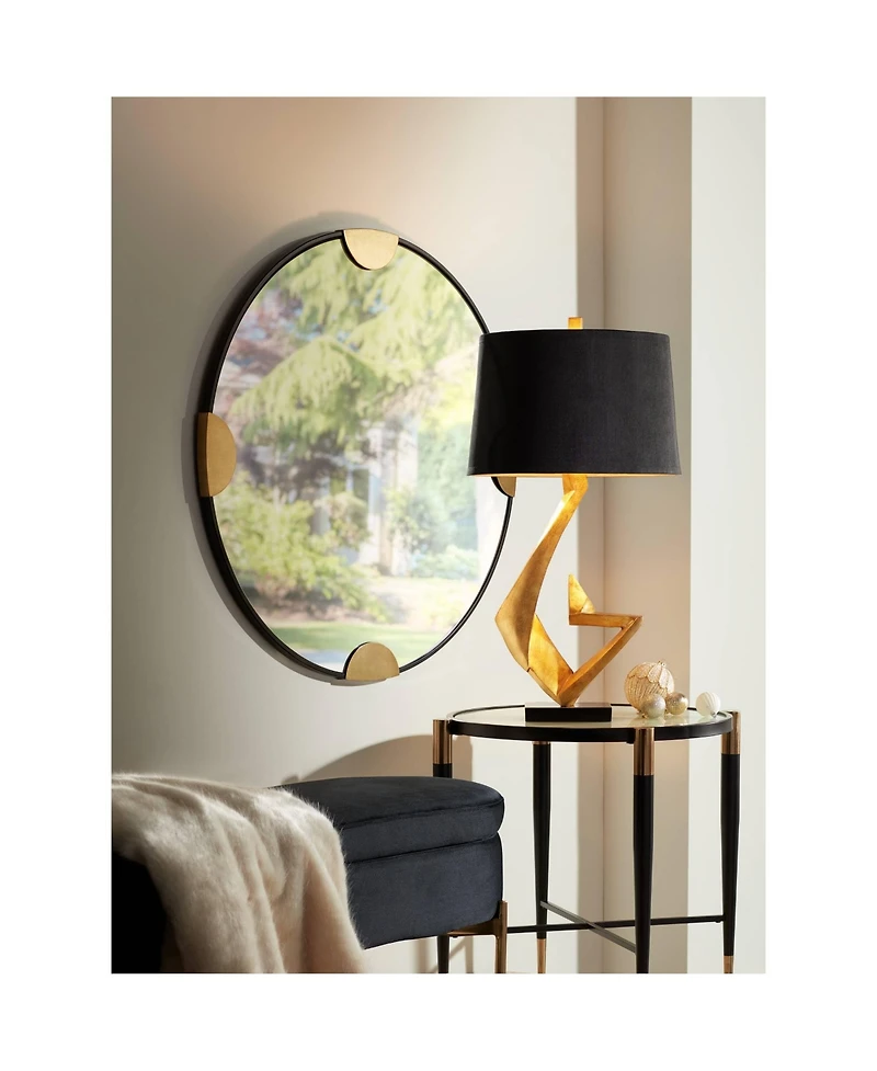 Possini Euro Design Zeus Modern Mid Century Table Lamp 28 1/2" Tall Sculptural Gold Leaf Metal Black Drum Shade Bedroom Living Room Bedside Night