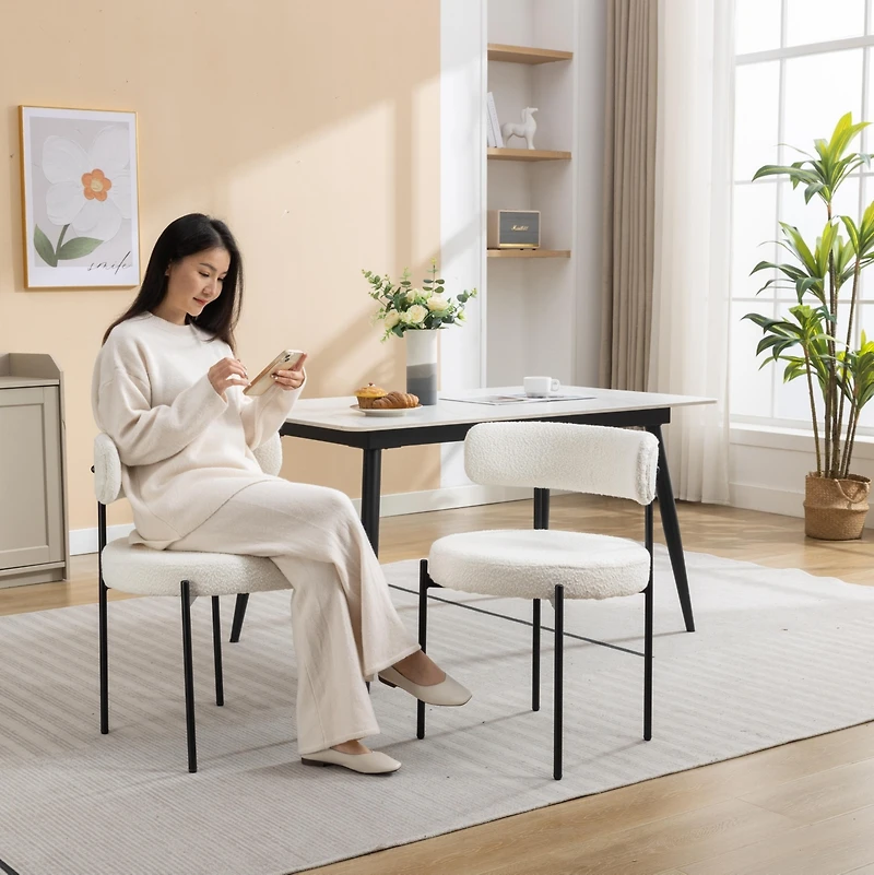 Streamdale Modern Round Boucle Dining Chairs, Set of 2, White