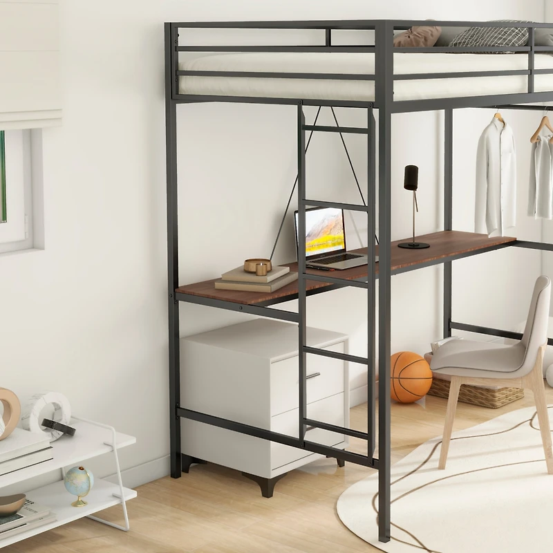 Simplie Fun Adam Sturdy Twin Loft Bunk Black with Cinnamon Wood Desk and Closet Rod for Adult and Kids, and Easy Climbing with Sturdy Ladder, Space Sa