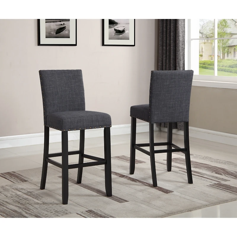 Streamdale Furniture Fabric Bar Stools with Nailhead Trim, Set of 2, Grey