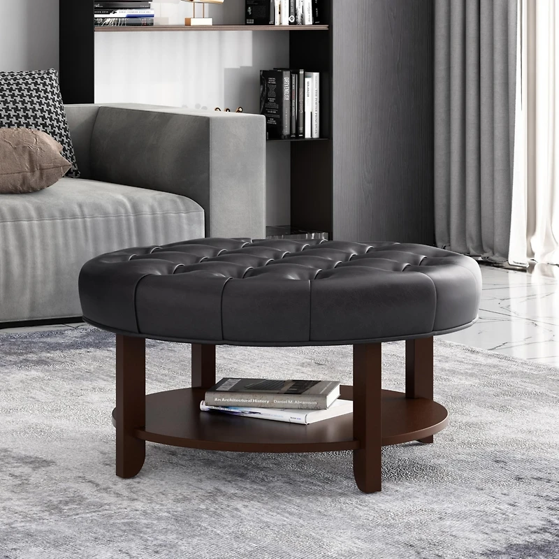 Streamdale Contemporary Faux Leather Tufted Ottoman with Open Shelf