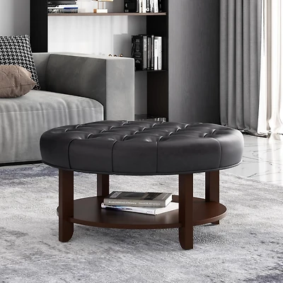 Streamdale Contemporary Faux Leather Tufted Ottoman with Open Shelf